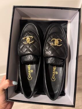 Quilted Leather Black Loafers with Gold CC Logo